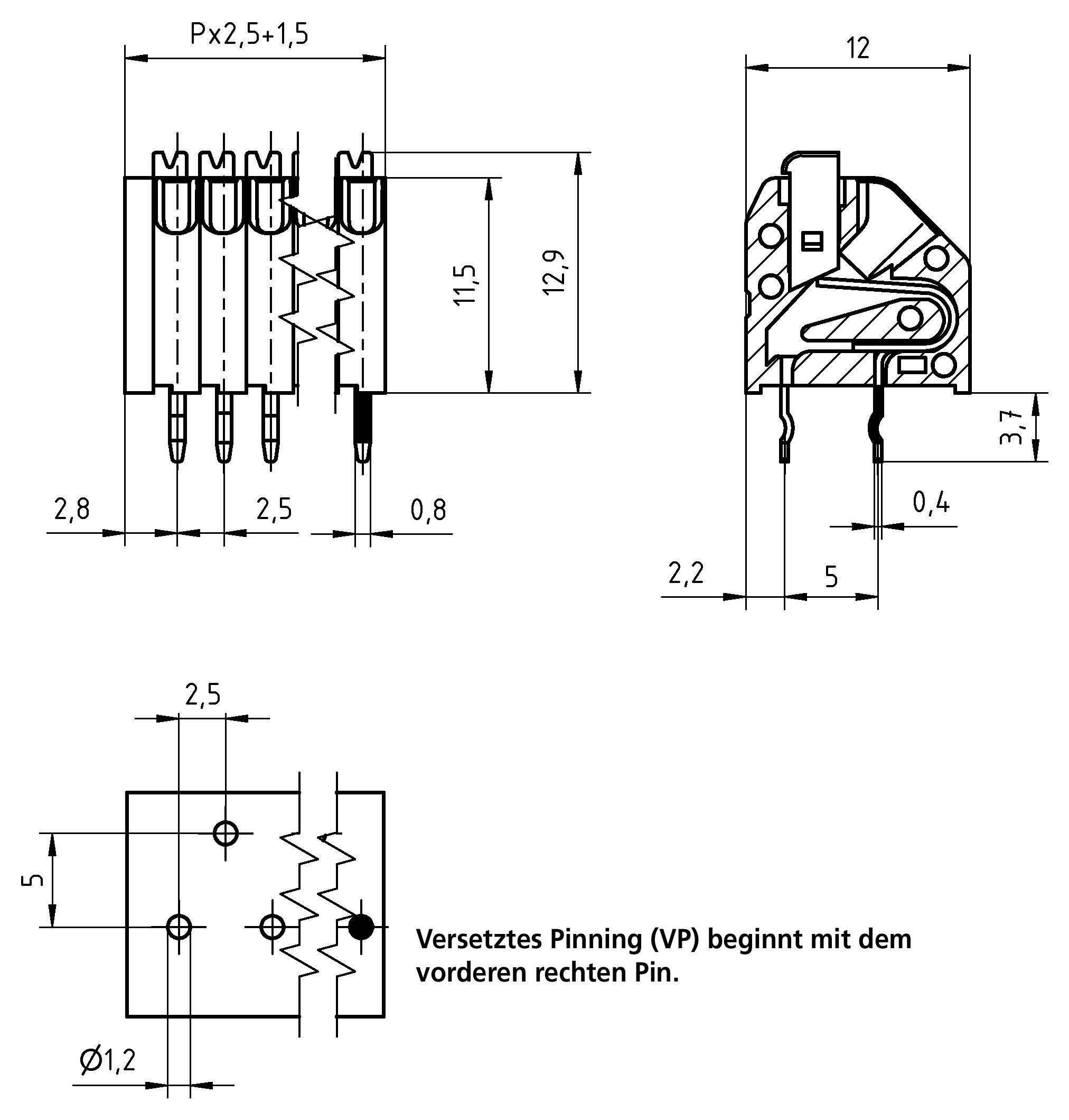 Technische Zeichnung eines Elektrosteckers mit Maßangaben zur Anzeige des Stiftlayouts und der Abmessungen. Text auf Deutsch vermerkt die Stiftausrichtung.
