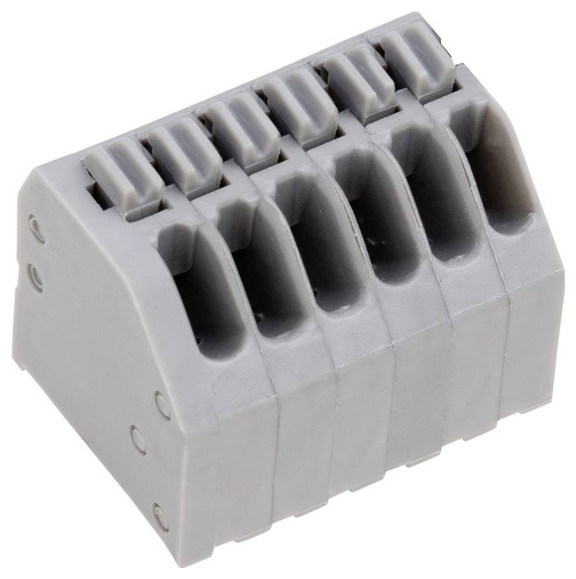 Ein fünfpoliger grauer Klemmblock mit seitlichen Anschlüssen für elektrische Verbindungen, mit kompaktem und modularem Design.