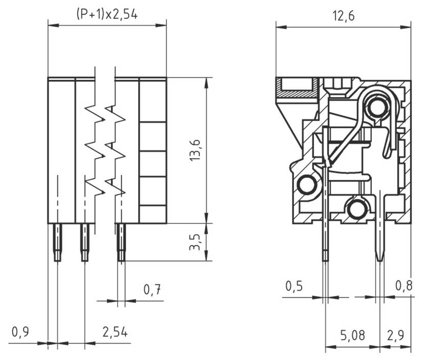 Technisches Schaltplan einer elektronischen Komponente mit Abmessungen. Das linke Bild zeigt die Vorderansicht mit Anschlüssen; das rechte Bild zeigt die Seitenansicht und die innere Struktur.