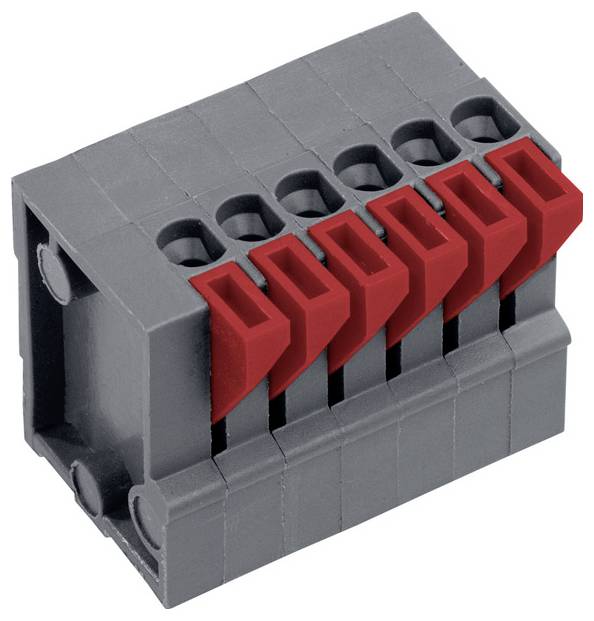 Ein grauer Elektroklemmenblock mit sechs roten Steckanschlüssen, der für Verdrahtungsanwendungen verwendet wird und für sichere und einfache Verbindungen konzipiert ist.