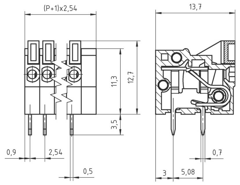 Technisches Diagramm eines 3-poligen Steckerterminals, das Abmessungen in Millimetern zeigt, einschließlich Breite (2,54) und Höhe (11,3).