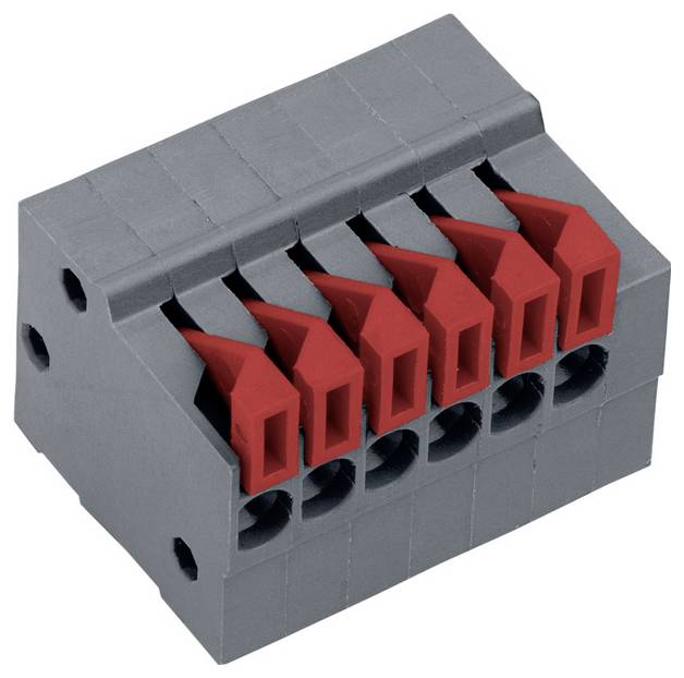 Ein grau und rot gefärbter Elektrik-Anschlussblock mit sechs Anschllusspunkten, verwendet zum Befestigen und Verbinden von Drähten in elektrischen Systemen.