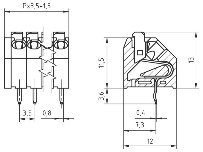 Technische Zeichnung einer dreipoligen Anschlussleiste, mit Seiten- und Draufsicht sowie detaillierte Maße und Abmessungen in Millimetern.