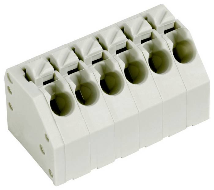 Ein fünfpoliges weißes Klemmleistenblock zur Befestigung von elektrischen Drähten.