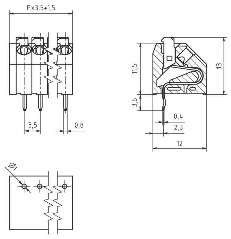 Technische Zeichnung eines dreipoligen elektrischen Steckers mit detaillierten Seiten- und Draufsichten einschließlich Stiftabstand und Abmessungen in Millimetern.