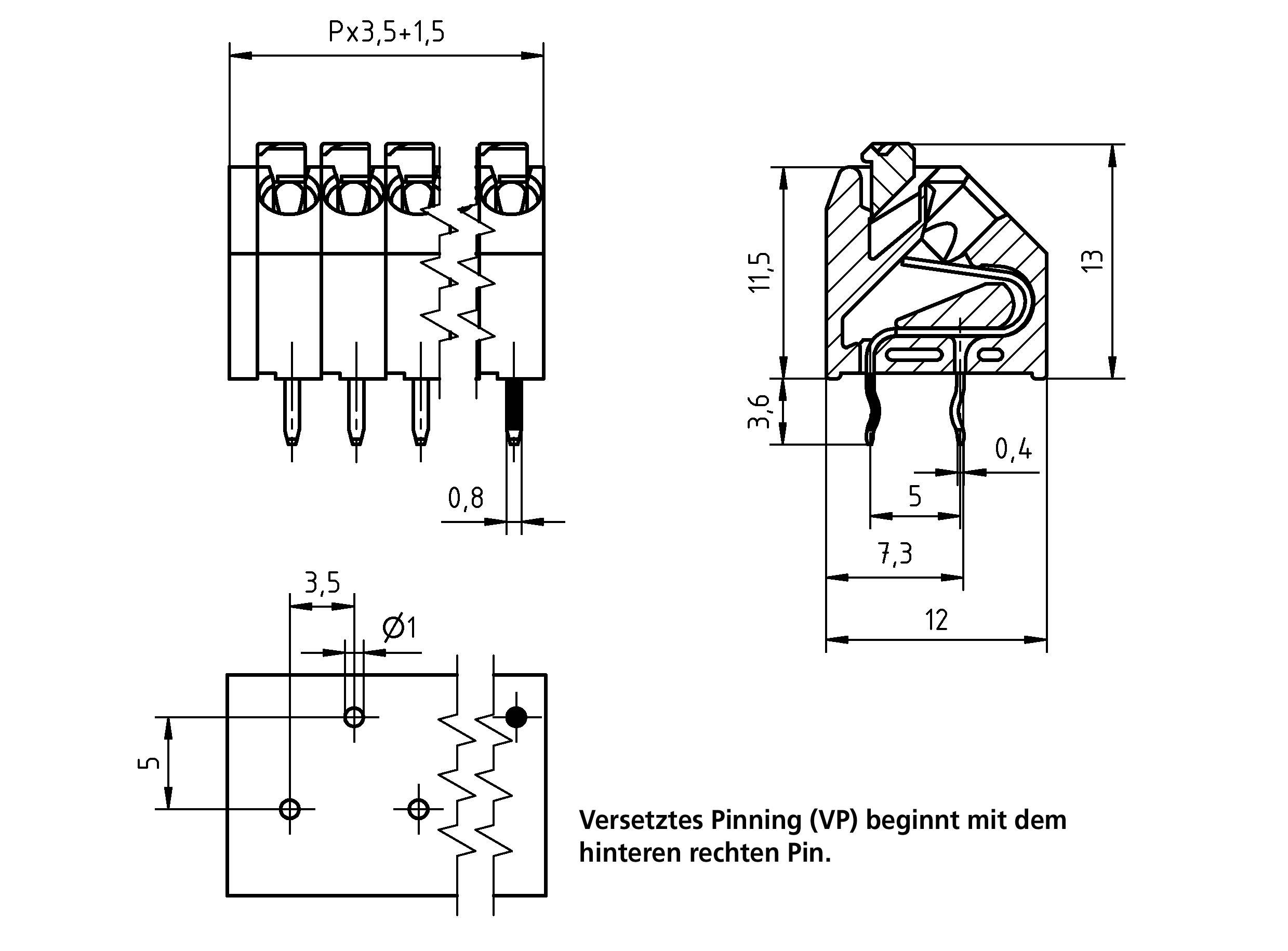 Technische Zeichnung eines Steckers mit Abmessungen. Vorder-, Seiten- und Draufsicht sind mit Abmessungen in Millimetern dargestellt. Deutscher Text lautet: 'Versetztes Pinning (VP) beginnt mit dem hinteren rechten Pin.'