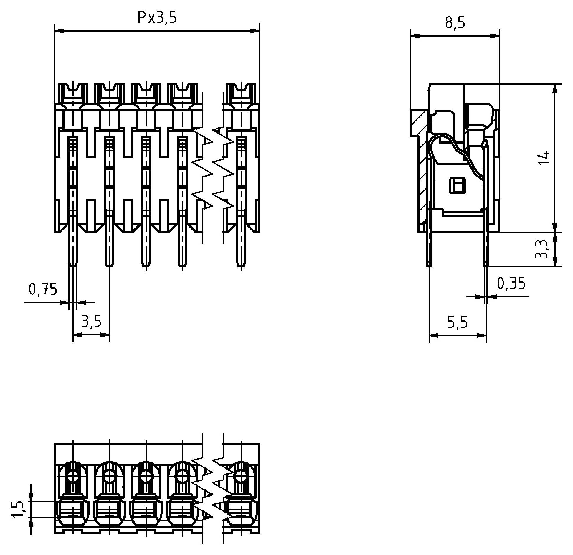 Technische Zeichnung einer 5-poligen elektronischen Komponente mit Seiten- und Draufsicht mit Abmessungen in Millimetern.