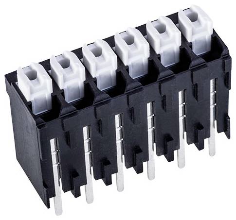 Ein schwarzes und weißes Elektrosteckverbinder-Klemmblock mit sechs Anschlüssen, ausgestattet mit weißen Hebelmechanismen zum Sichern von Drähten und Metallstiften auf der Unterseite.