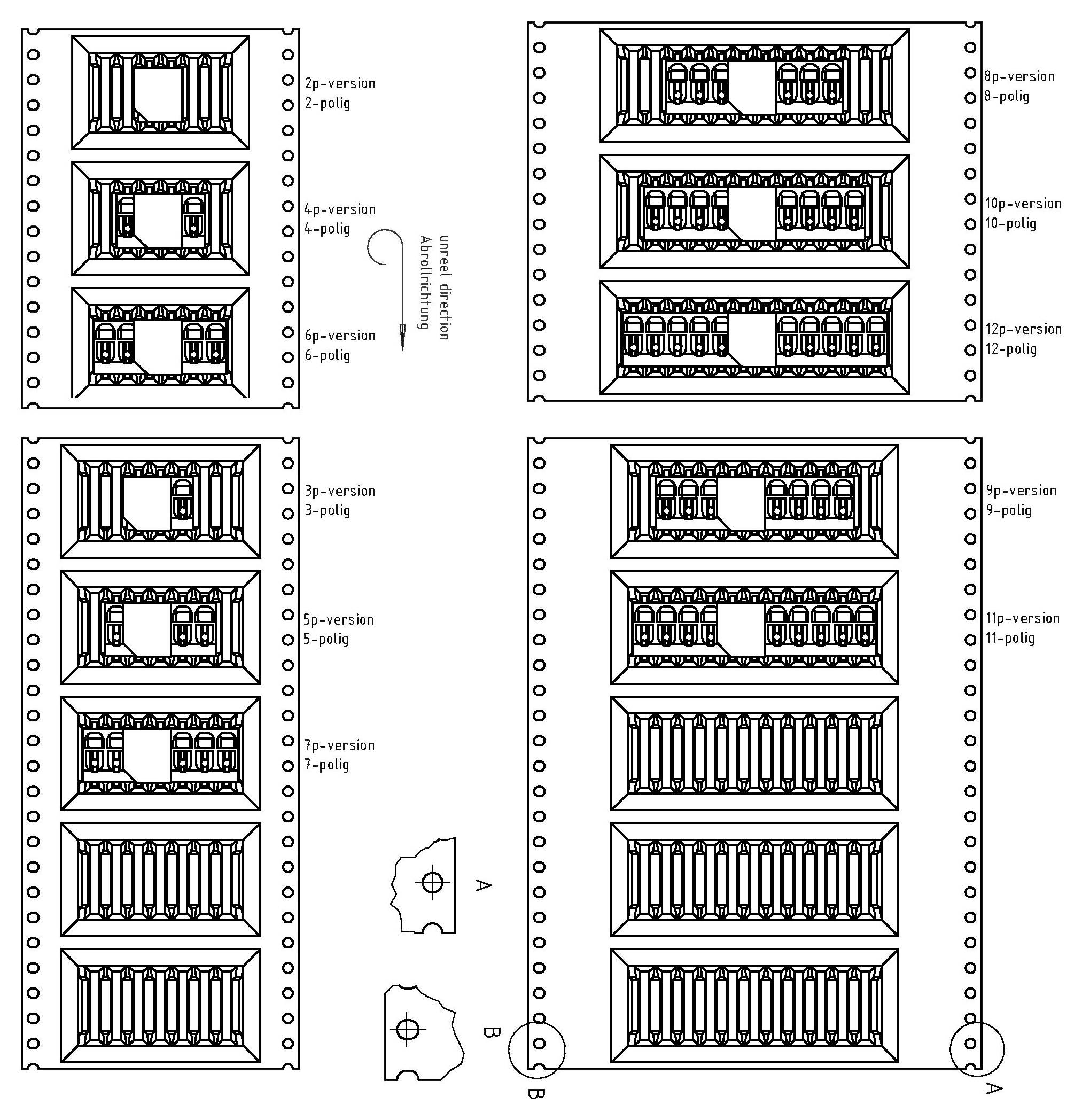 Diagramm, das die Konfigurationen von Elektrosteckverbindungen mit der Bezeichnung 0p bis 12p Versionen zeigt, mit Details zur Anordnung der Steckverbindungen.