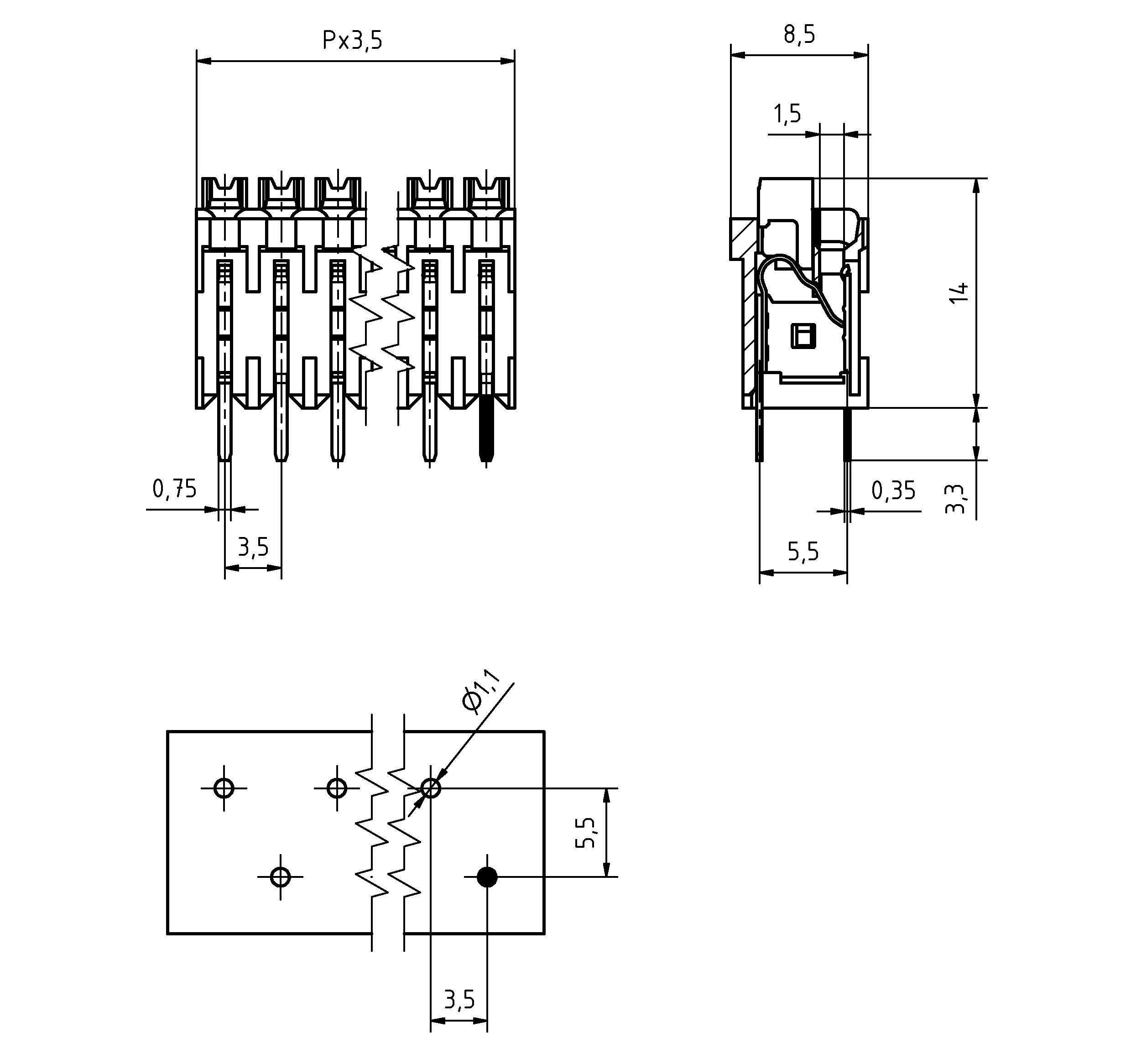 Technische Zeichnung eines Steckverbinders mit Abmessungen. Die Vorderansicht zeigt eine Breite von 0,75 und eine Ausrichtung mit drei Stiften bei 3,5 Abständen. Seitenansichten zeigen Höhe und Schlitzgrößen an.