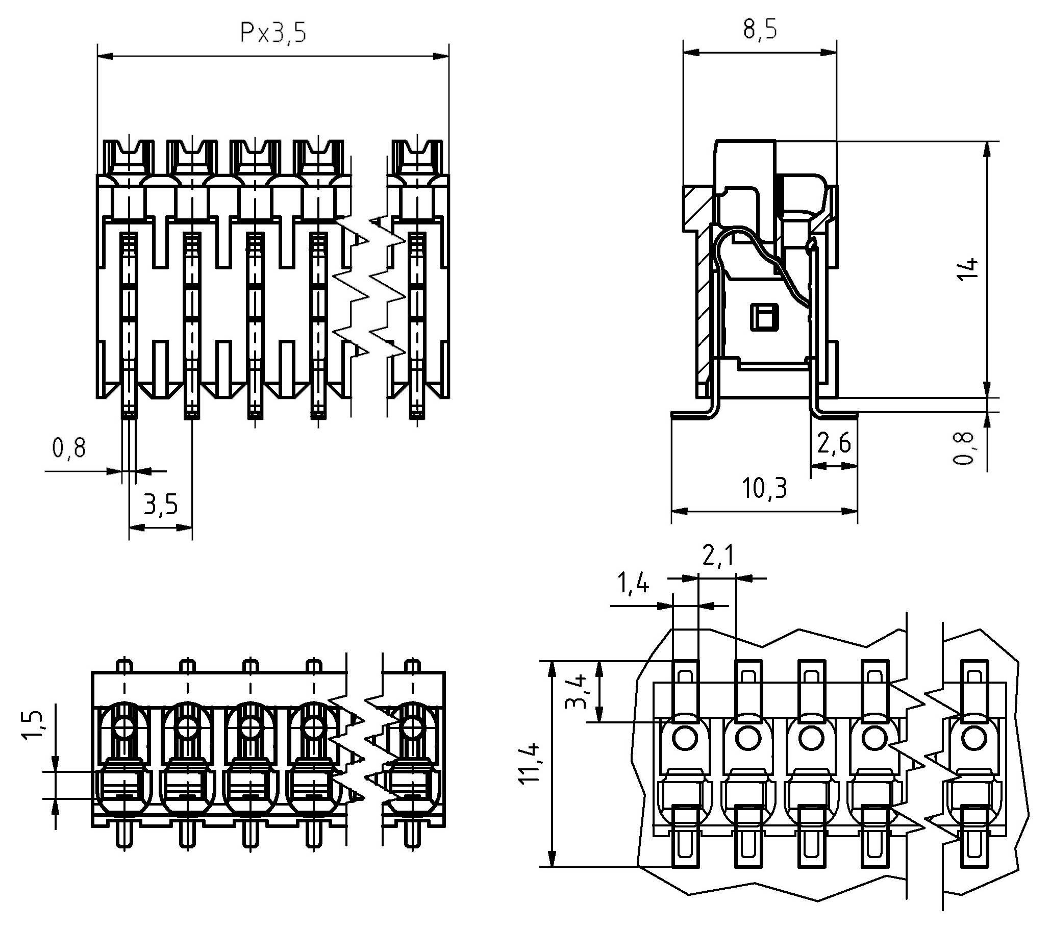 Technisches Diagramm eines Klemmblocks mit detaillierten Abmessungen und Querschnittsansichten, einschließlich Abmessungen in Millimetern.