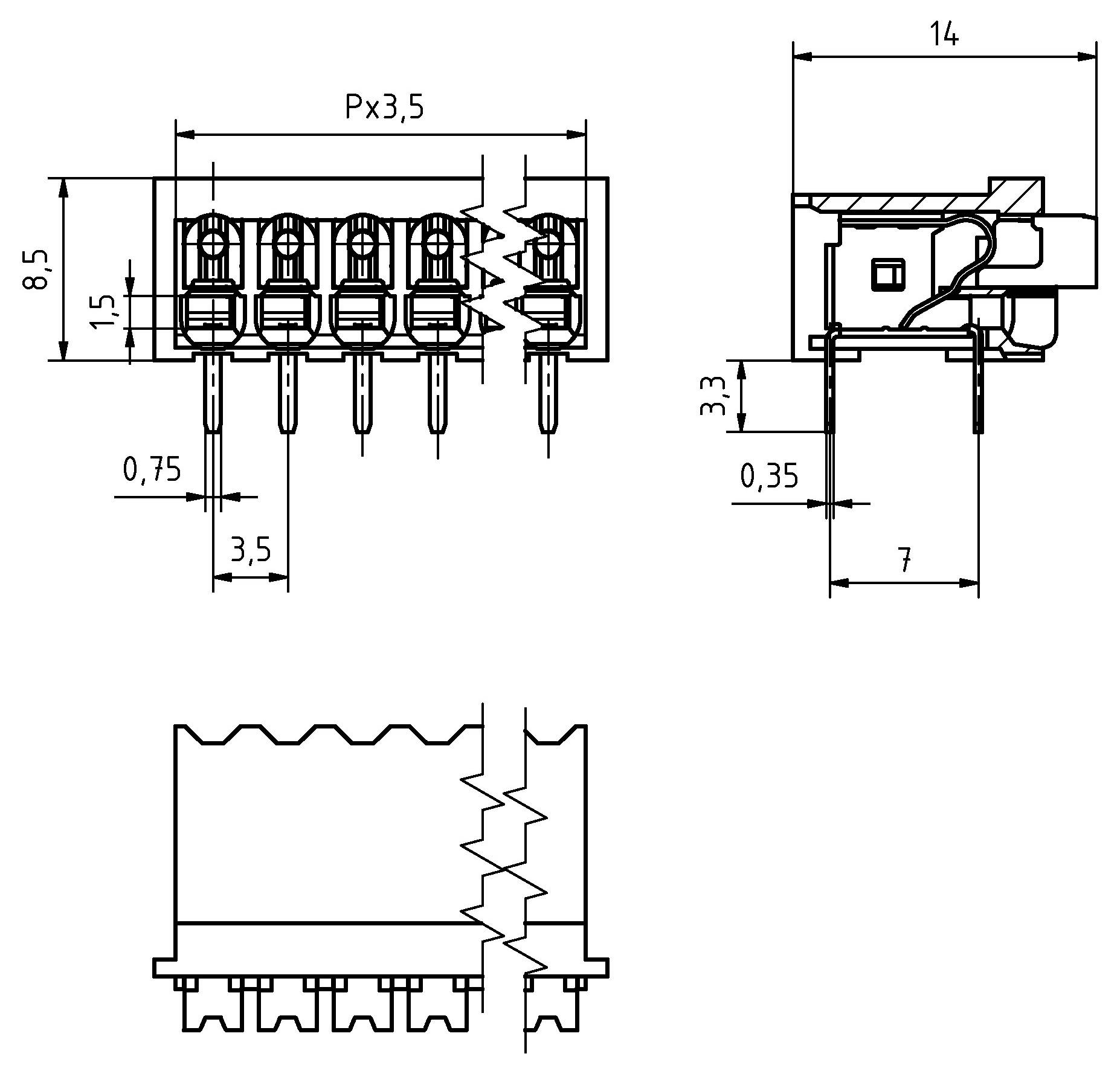 Technisches Schaltplan eines 6-poligen Anschlussklemmen-Blockes mit Abmessungen: 8,5 mm Höhe, 14 mm Breite und Pinabstand von 3,5 mm. Seiten- und Draufsicht dargestellt.