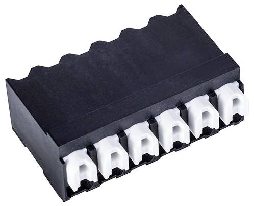 Ein schwarzer, rechteckiger Elektroklemmenblock mit sechs weißen Anschlüssen, der zum Verbinden von elektrischen Drähten verwendet wird.