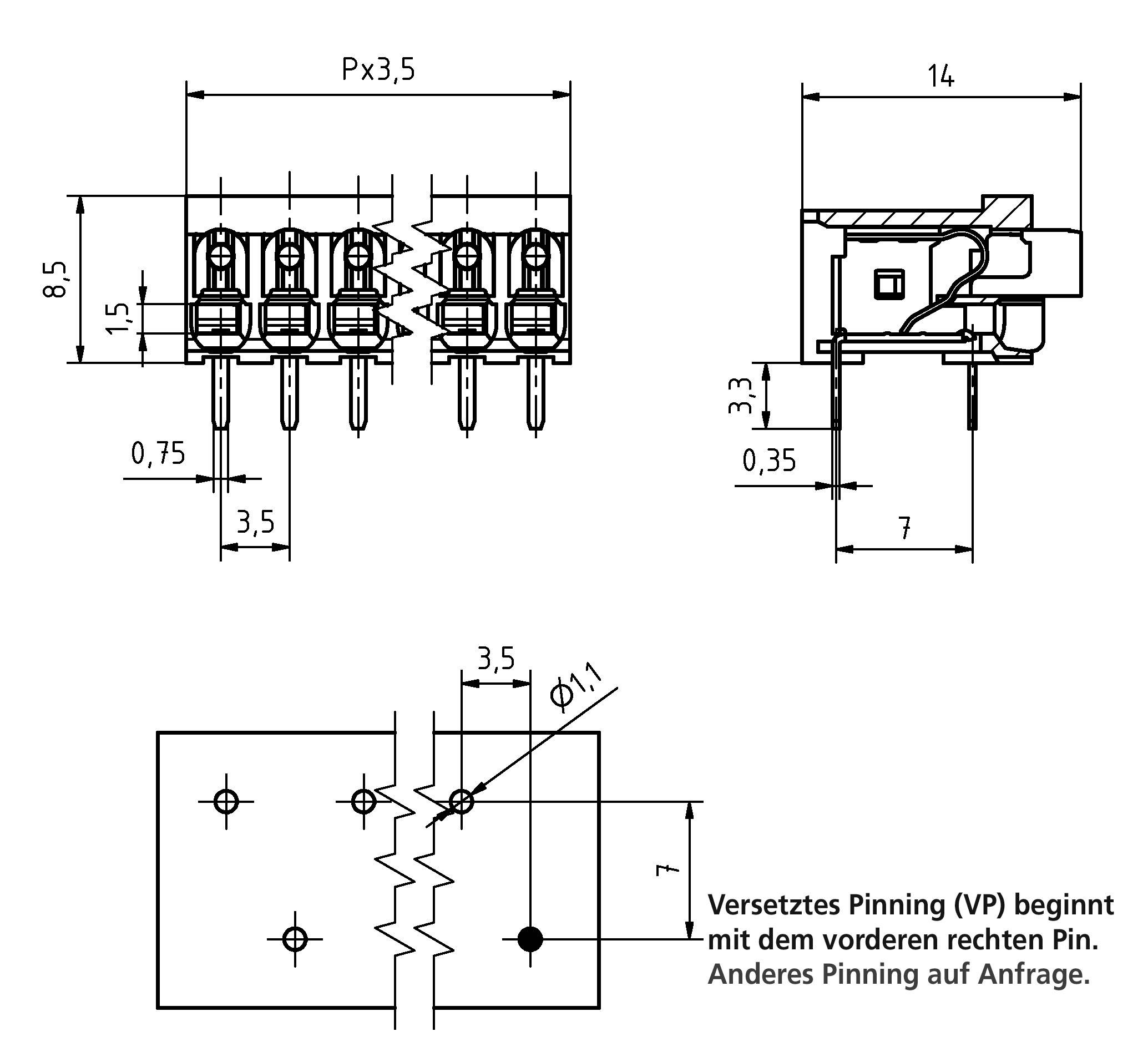Technisches Schaltbild eines elektronischen Steckers mit beschrifteten Abmessungen. Seiten- und Draufsichten zeigen die Stiftanordnung und Messwerte in Millimetern.