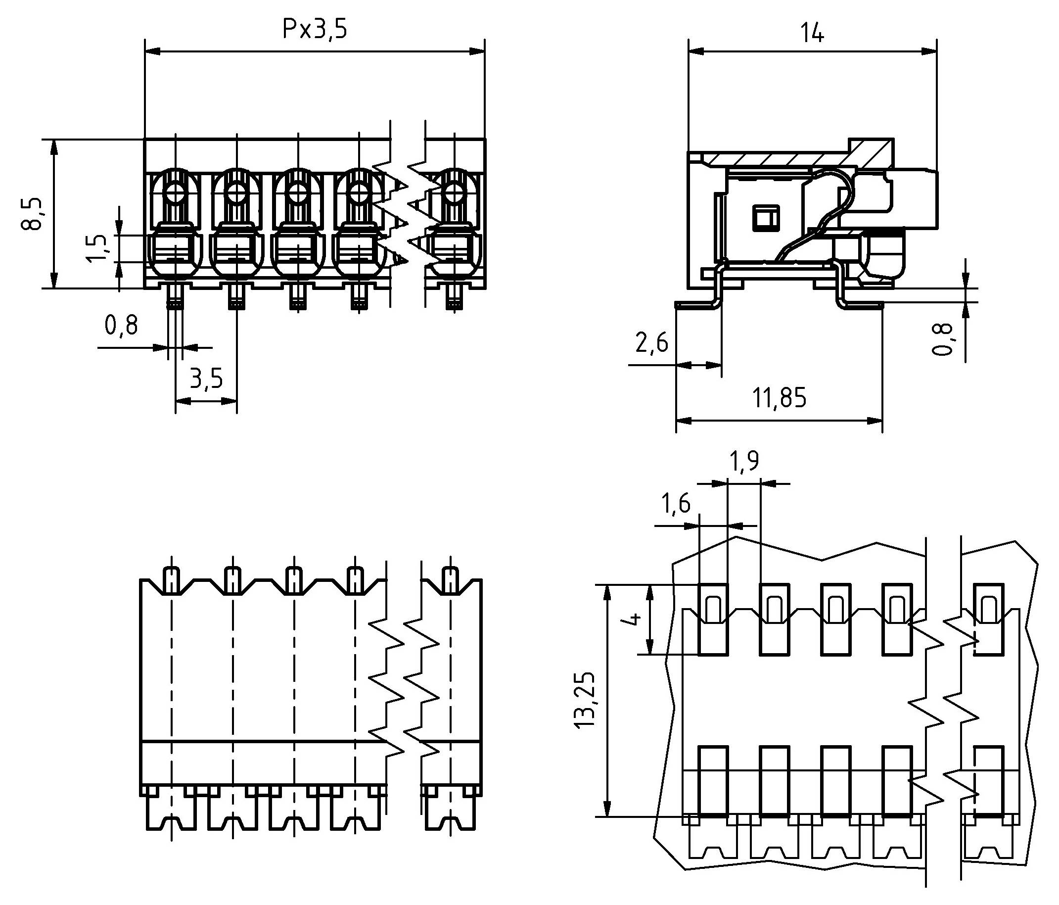 Technische Zeichnung einer Klemmenleiste mit Seiten-, Drauf-, Vorder- und Schnittansichten mit Abmessungen in Millimetern.