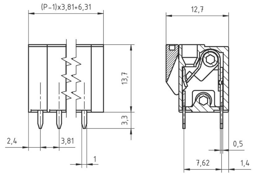 Technisches Diagramm einer elektronischen Komponente mit Maßangaben: 13,7 mm Höhe, 12,7 mm Breite. Seiten- und Frontansichten mit verschiedenen notierten Abmessungen.