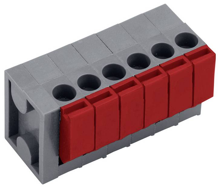 Ein grau und rot gefärbter modularer Steckverbinder mit sechs Öffnungen für elektrische Verbindungen und roten Hebeln zur sicheren Befestigung.