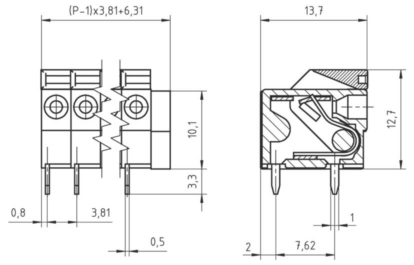 Technisches Diagramm eines elektronischen Doppelpositions-Steckers mit Abmessungen. Wichtige Messwerte: Höhe 10,1 mm, Länge 13,7 mm, Breite 7,62 mm.