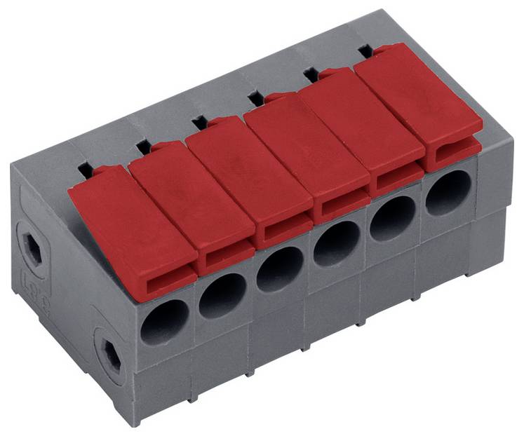 Nahaufnahme eines schwarzen Klemmleistenblocks mit sechs Schraubklemmen für elektrische Verbindungen, Draufsicht.