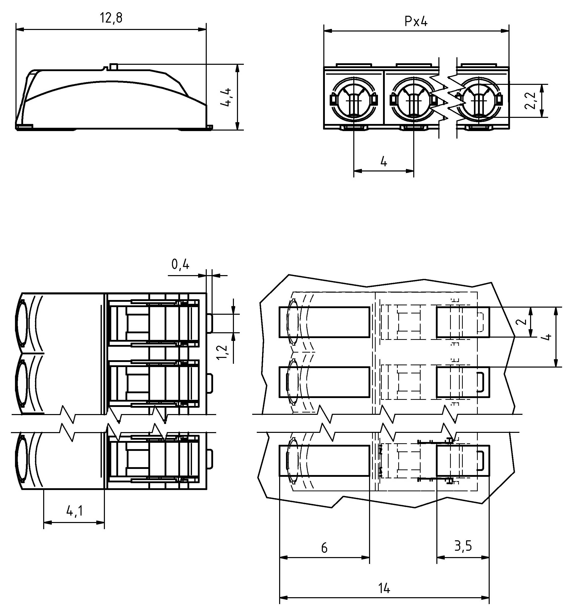 Diagramm, das vier Versionen von elektronischen Komponentenstreifen mit den Bezeichnungen „4p