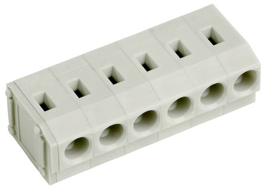 Ein sechspoliger, grauer Kunststoff-Elektroklemmenblock mit quadratischen Schlitzen oben und kreisförmigen Öffnungen an der Seite, verwendet für Drahtverbindungen.
