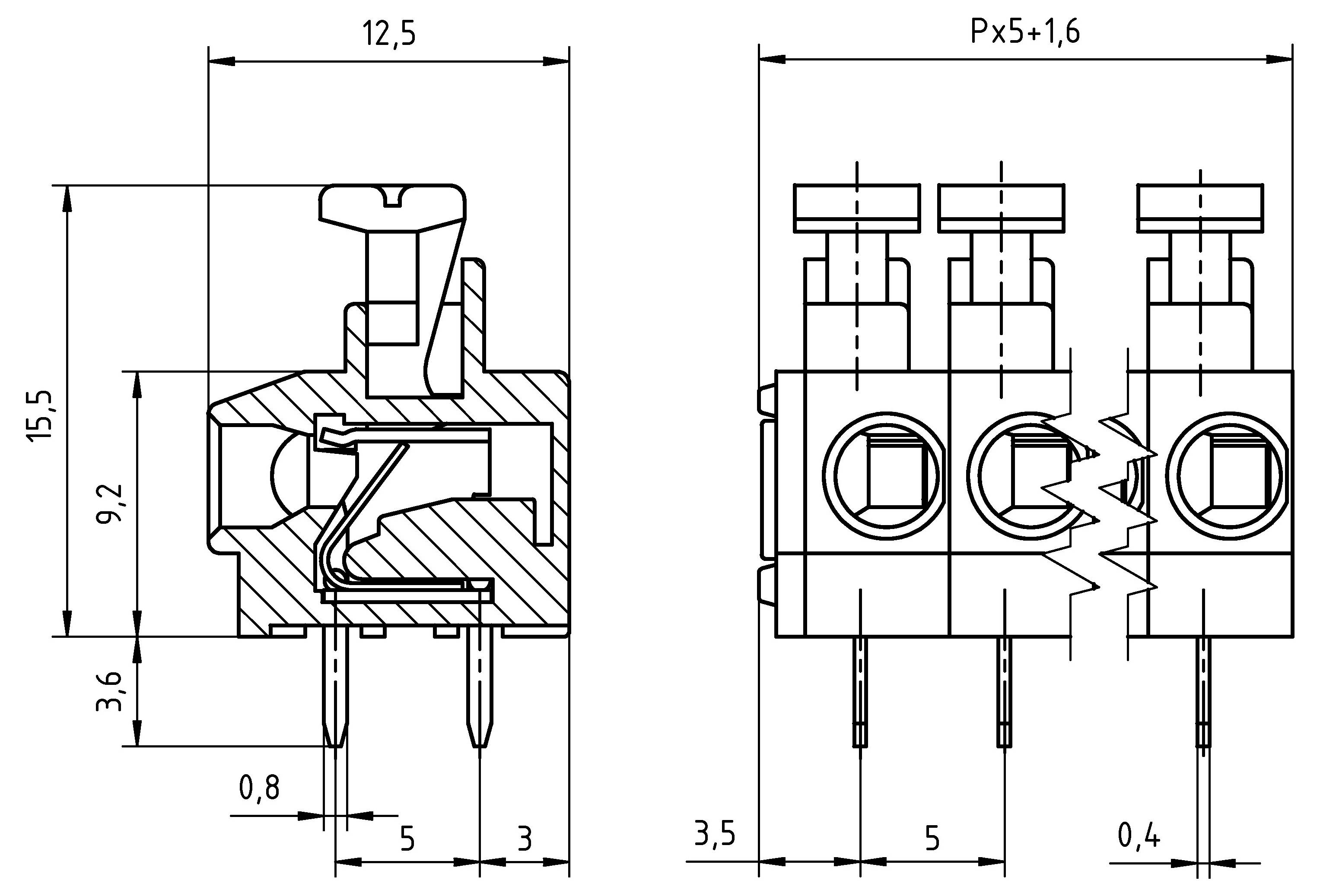 Technische Zeichnung eines 3-poligenSteckers, zeigt Abmessungen und interne Komponenten. Abmessungen: 12,5mm breit, 15,5mm hoch.