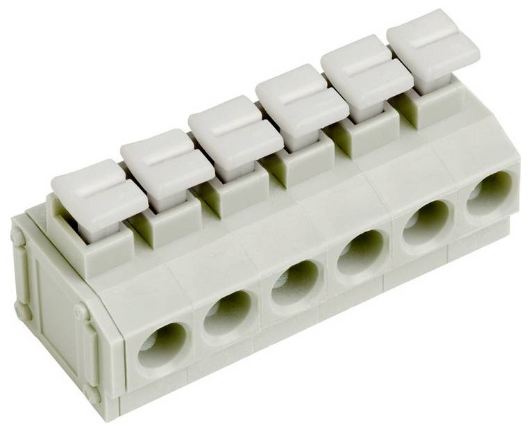 Ein weißer, sechsplatziger Anschlussblock mit Druckknöpfen, entwickelt zum Befestigen von Elektrokabeln, aus leicht angewinkelter Perspektive betrachtet.