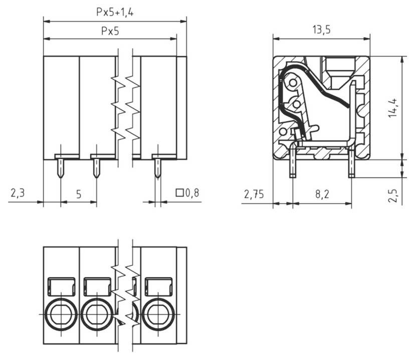 Technische Zeichnung eines mechanischen Bauteils mit Abmessungen in mm, zeigt Vorder-, Seiten- und Querschnittsansichten.