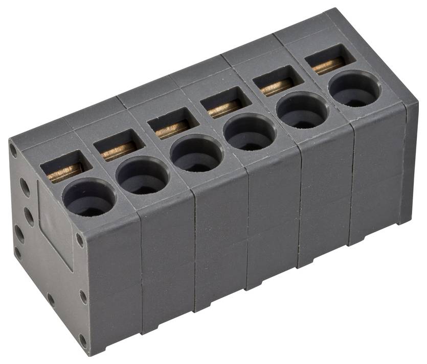 Ein sechspoliges, modulares Klemmleistenblock mit schwarzem Gehäuse und Kupferkontakten, entwickelt für Elektrokabelverbindungen.