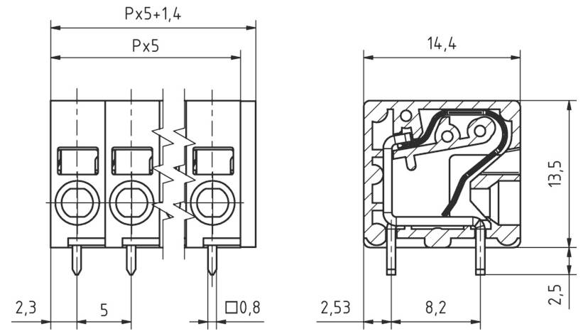 Technische Zeichnung eines Steckers mit Abmessungen. Die Vorderansicht zeigt eine Höhe von 3,5 mm und mehrere Anschlussöffnungen. Die Seitenansicht enthält eine Tiefe von 5,8 mm.