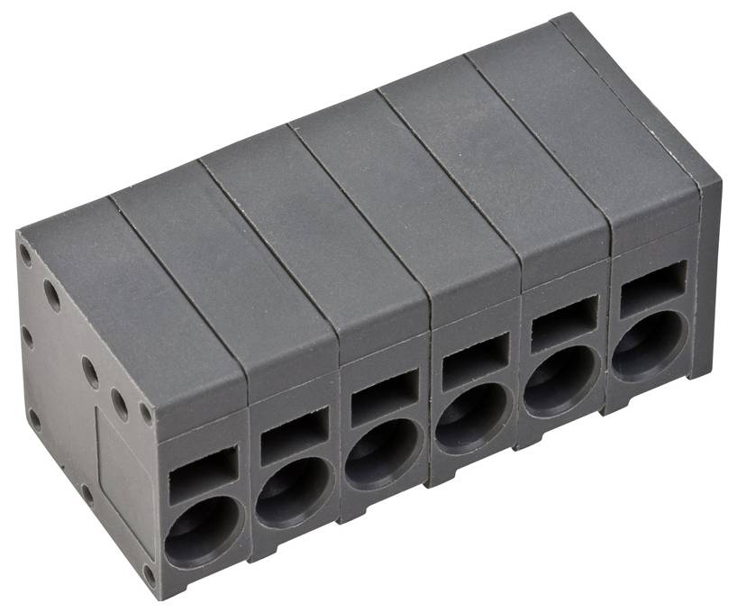 Ein Stapel von sechs schwarzen, rechteckigen Drahtsteckverbindern, horizontal angeordnet, verwendet für elektronische oder elektrische Verbindungen.