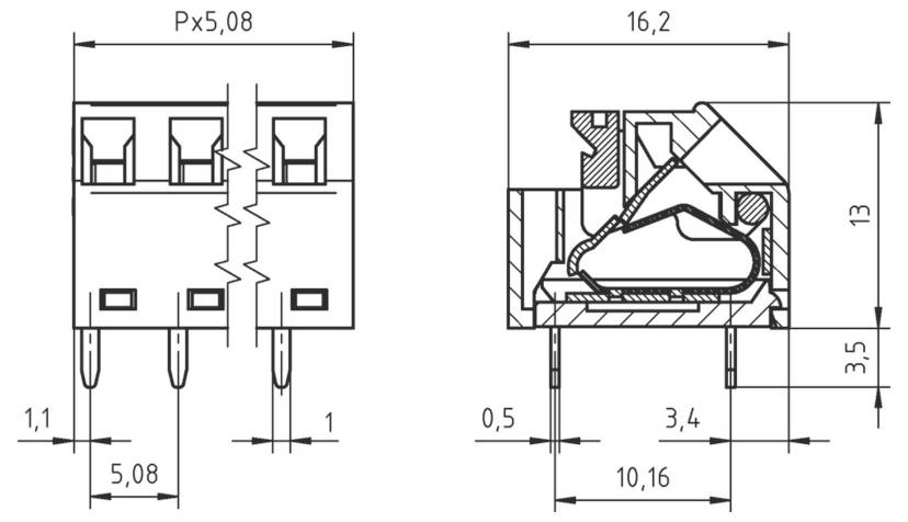 Technische Zeichnung eines dreipoligen elektrischen Bauteils mit den Maßen: 5,08mm Abstand, 16,2mm Breite, 13mm Höhe und weitere Abmessungen.