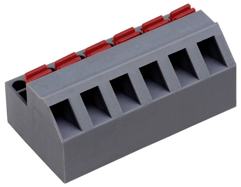 Ein grauer Klemmblock mit roten Hebel-Steckverbindern, verwendet zum Befestigen von Elektrokabeln.
