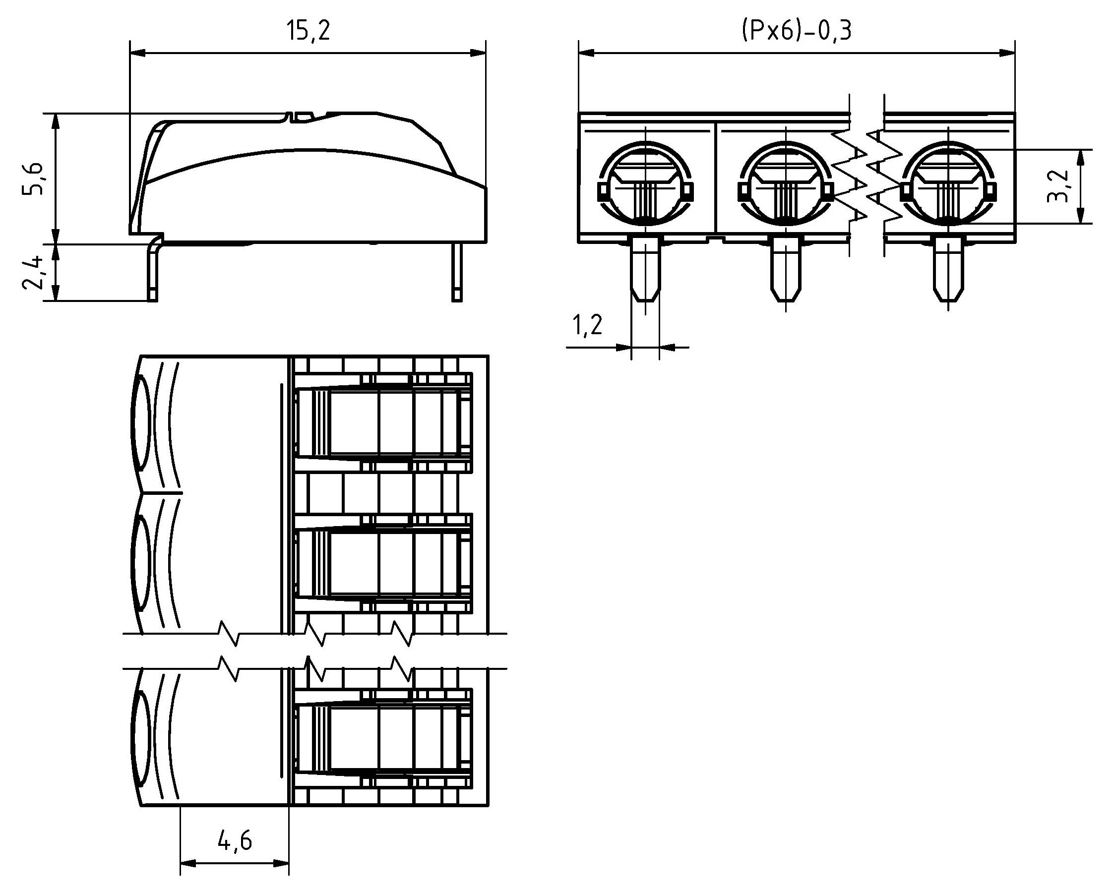Technische Zeichnung eines dreipoligen elektrischen Steckers mit Abmessungen in Millimetern, mit Seiten-, Draufsicht und Vorderansicht für genaue Messungen.