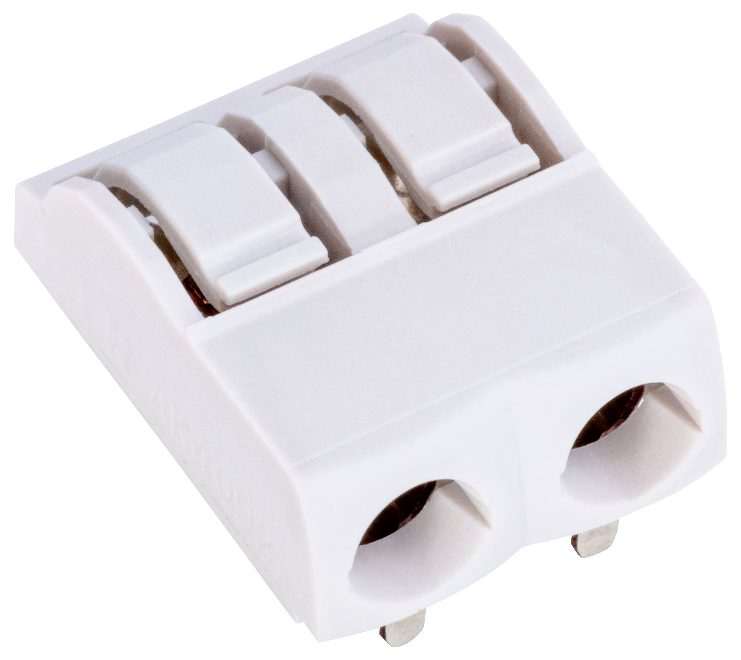 Ein weißer, zweipoliger Elektrodrahtstecker mit Hebelverriegelungen, der zum Sichern von Drähten ohne Schrauben ausgelegt ist.