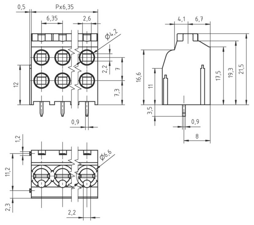 Technische Zeichnung eines elektronischen Steckers mit detaillierten Abmessungen in Millimetern, einschließlich Dimensionen für Stifte, Bohrungen und Gehäuseform.