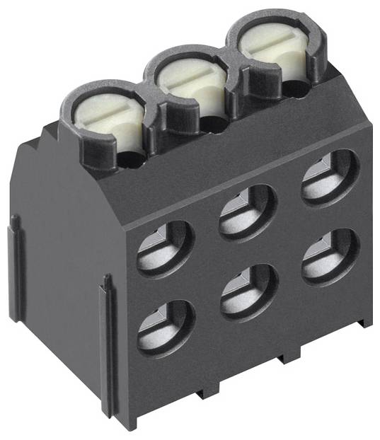 Ein schwarzer, sechslöchiger Elektrosteckverbinder mit drei oberen kreisförmigen Öffnungen zur Kabeleinführung und entsprechenden Anschlüssen darunter.