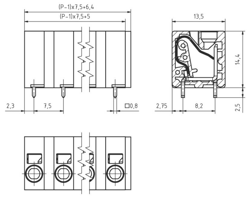 Technisches Schaltschema eines elektronischen Bauteils mit in Millimetern gekennzeichneten Abmessungen, das die innere Struktur und Messwerte zeigt.