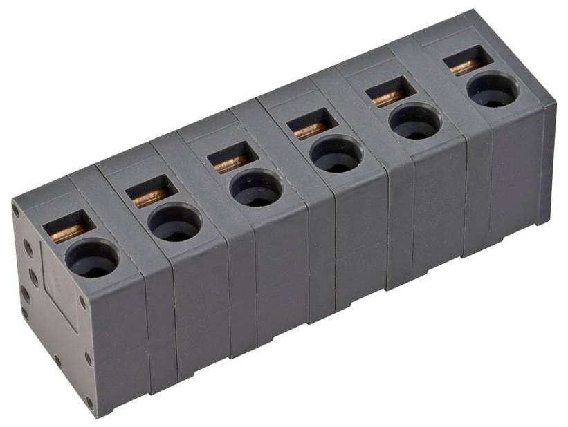 Ein schwarzes mehrpoliges Elektroklemmenboard mit sechs Anschlüssen zum Verdrahten.