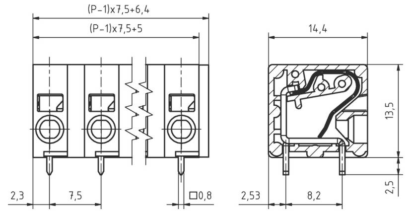 Technische Zeichnung einer elektrischen Komponente mit drei Abschnitten, beschriftete Abmessungen in Millimetern und interne Verdrahtungsdetails auf der rechten Seite.
