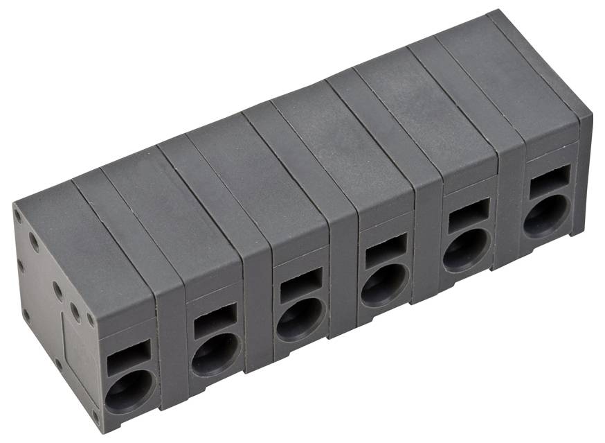 Ein sechspoliger grauer Elektro-Klemmenblock mit rechteckigen Öffnungen für Drahtanschlüsse, diagonal betrachtet.