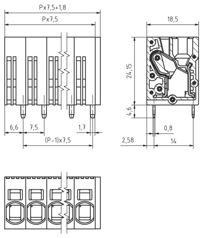 Technische Zeichnung einer elektrischen Komponente, die Vorder- und Seitenansichten mit detaillierten Maßen und gekennzeichneten Strukturelementen zeigt.