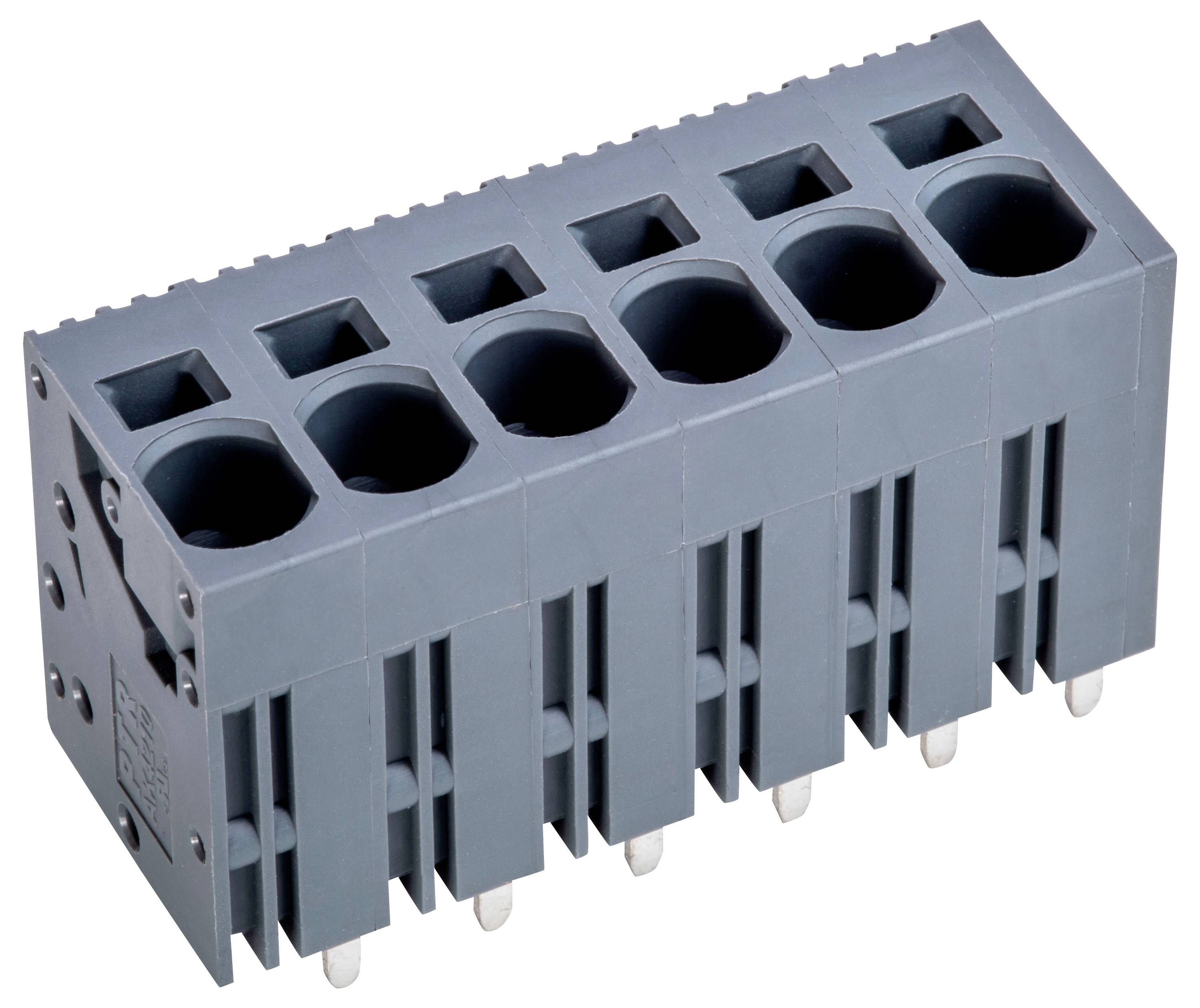 Ein sechspoliges PCB-Klemmleistengehäuse in Grau mit sechs ausgehöhlten Schlitzen und sicheren Befestigungsstiften darunter für elektrische Verbindungen.