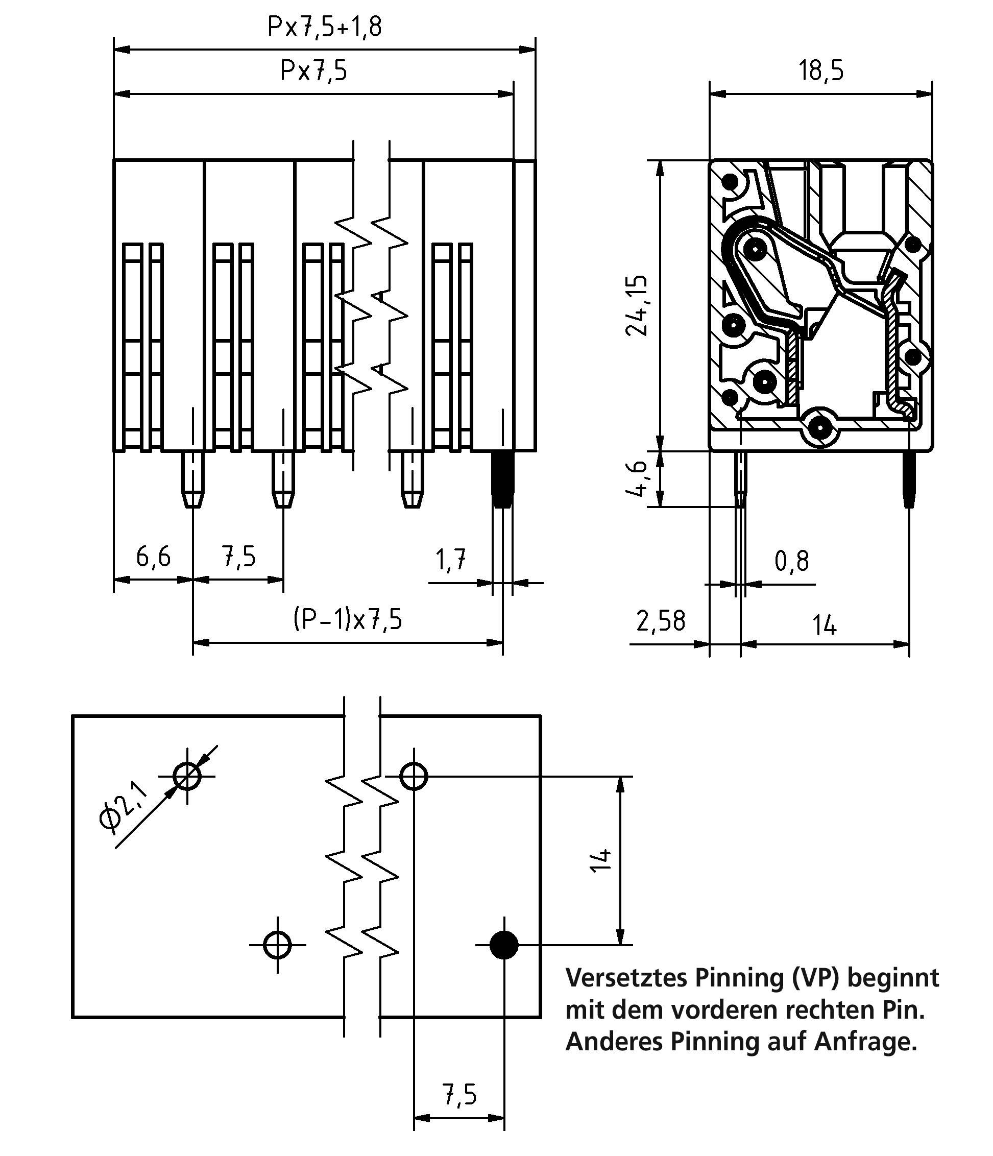 Technische Zeichnung eines elektrischen Steckers mit Abmessungen und Stiftkonfiguration. In den Notizen werden verfügbare Bestückungsoptionen auf Anfrage aufgelistet.