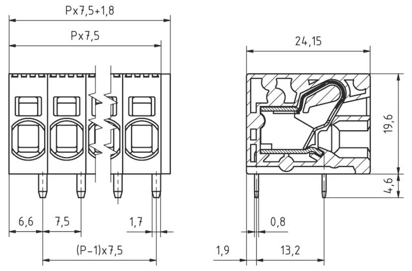 Technische Zeichnung einer dreiteiligen elektrischen Komponente mit Abmessungen. Die Vorderansicht zeigt Anschlüsse unten; die Seitenansicht zeigt einen Querschnitt.
