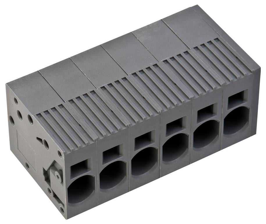 Grauer sechslöchriger Elektrosteckverbinder mit gerippter Oberfläche, entworfen für Drahtverbindungen in elektronischen Projekten.