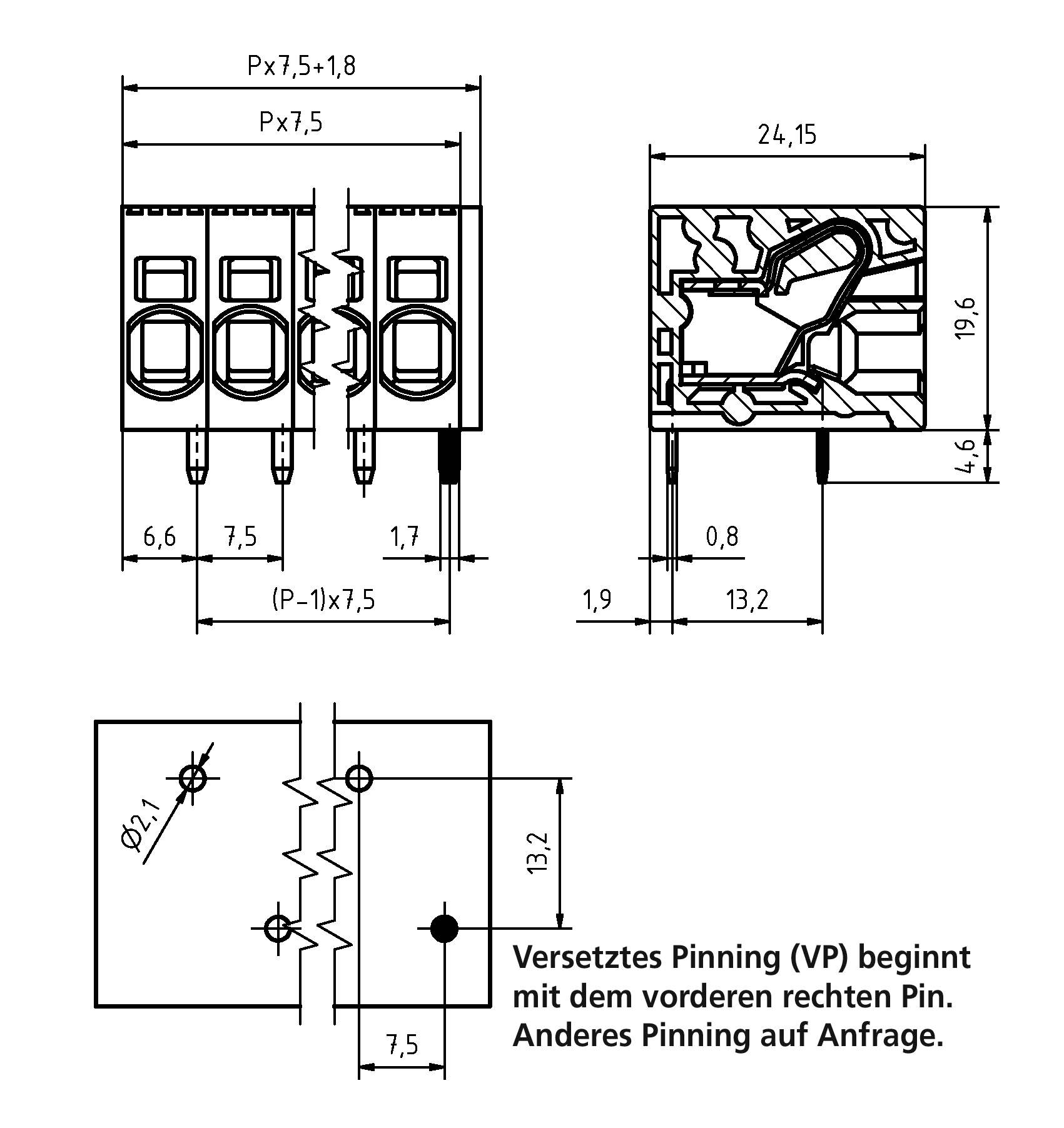 Technisches Diagramm einer elektronischen Komponente mit drei Anschlüssen, das Abmessungen zeigt: 7,5x1,8, 24,15, 19,6, 13,2. Hinweise: „Versetztes Pinning (VP) beginnt mit dem vorderen rechten Pin. Anderes Pinning auf Anfrage.