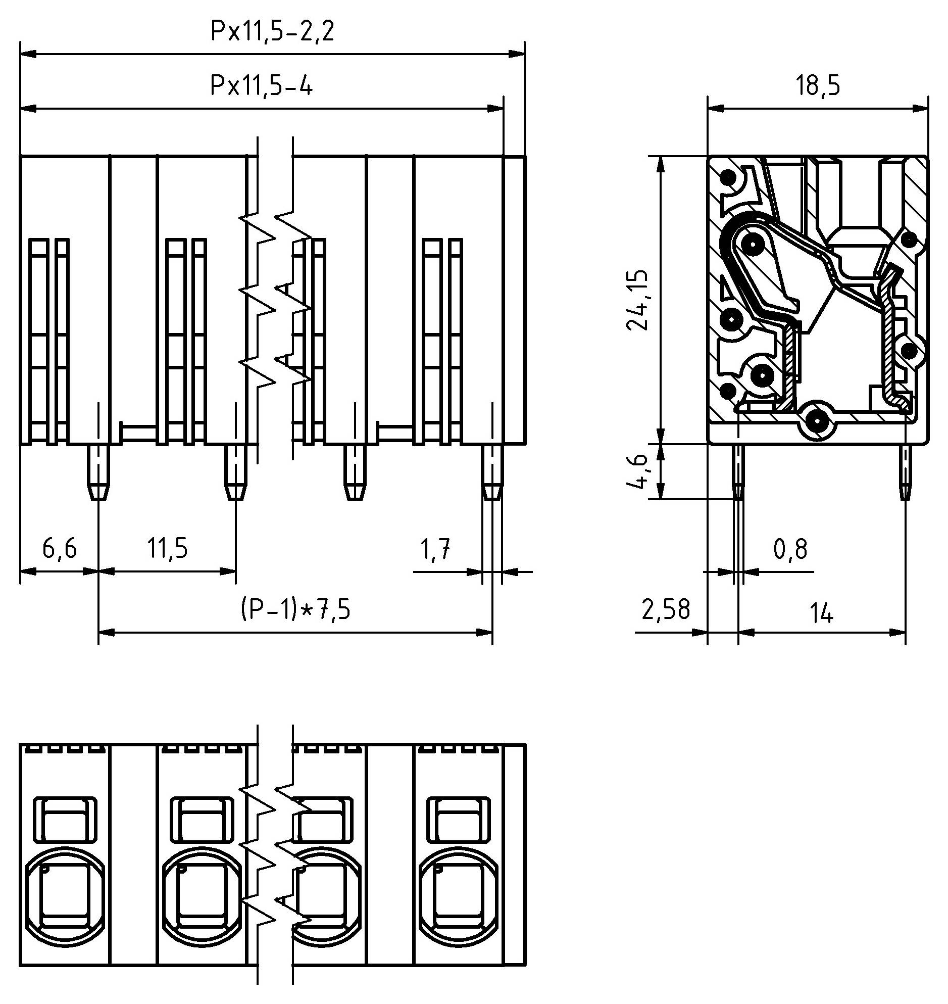 Technisches Schaltplan einer Relaiskomponente mit Vorder-, Draufsicht und Seitenansicht mit Abmessungen in Millimetern und wichtigen Strukturdetails.