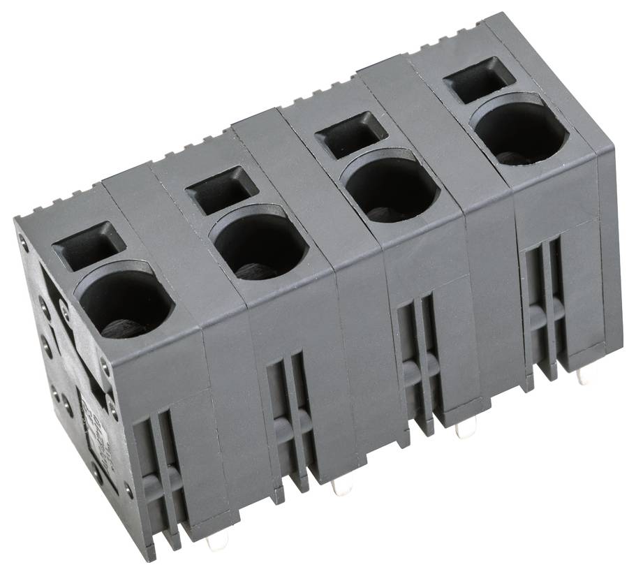 Vier schwarze elektronische Steckverbinder in einer Reihe angeordnet, konzipiert zum Montieren und Sichern von elektrischen Komponenten.