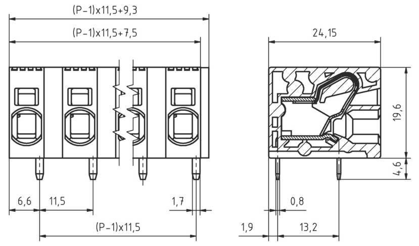 Technische Zeichnung einer dreipoligen Steckdose mit in Millimetern beschrifteten Abmessungen, zeigt Vorder- und Seitenansicht.
